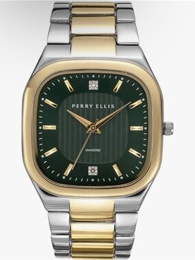 Perry Ellis Two-Tone Gold & Silver Bracelet Watch with Green Dial